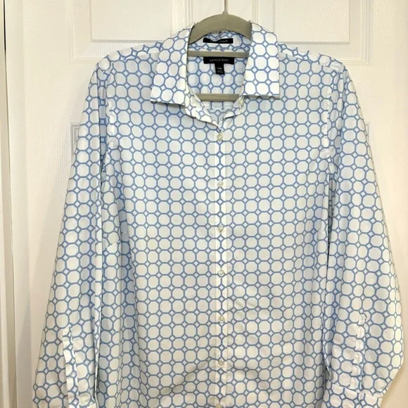 Lands' End Women Geometric Button Up Collar Long Sleeve Shirt 14W No Iron Cotton - Picture 4 of 11